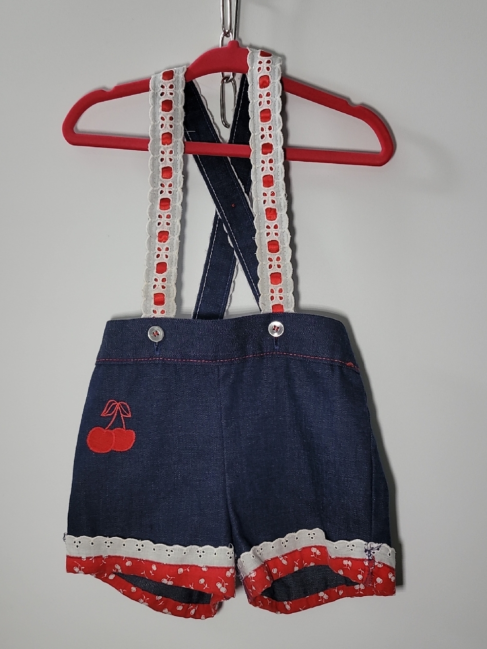 Kids Navy Denim Cherry-Accent Suspender Shorts